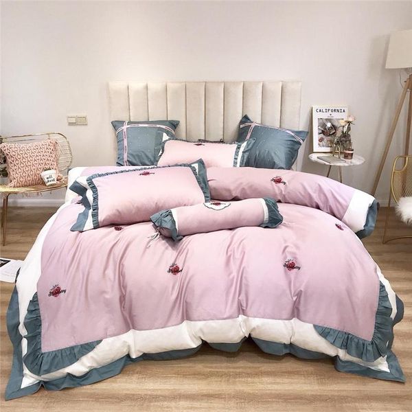 

bedding sets luxury egypt cotton strawberry ruffles set embroidery folded duvet cover bed sheet pillowcase  king 4/6/8pcs size