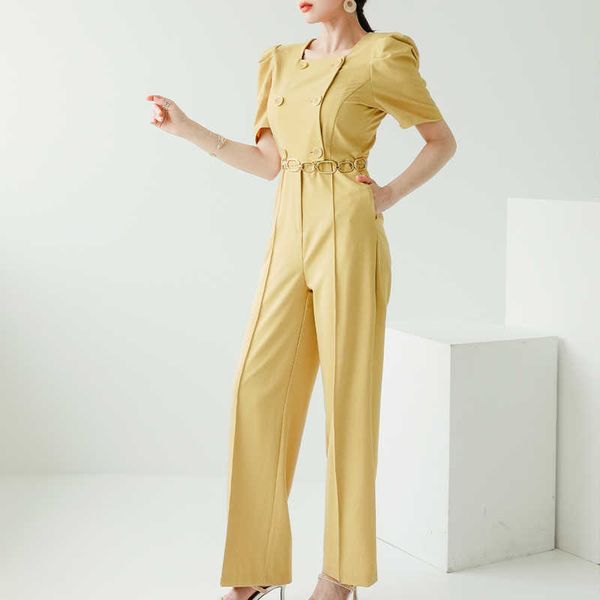 Coreano Verão Duplo Jumpsuits Breasted Manga Curta Mulher Slim Long Romper Casual Trabalho formal Wear PlaySuits 210529