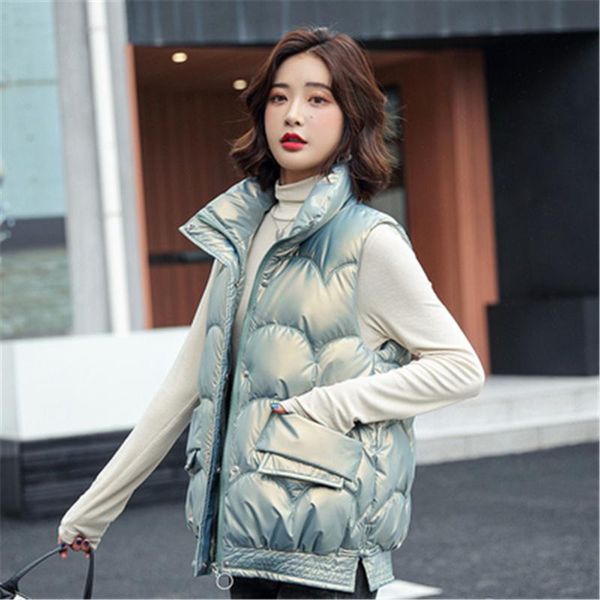 

women's vests 2021 sleeveless streetwear ladies zipper parka coat korean short stand collar gloosy vest casual winter jacket women, Black;white