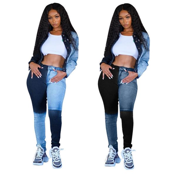 

woman jeans contrast color panelled denim mid-waisted streetwear pencil pants, Blue