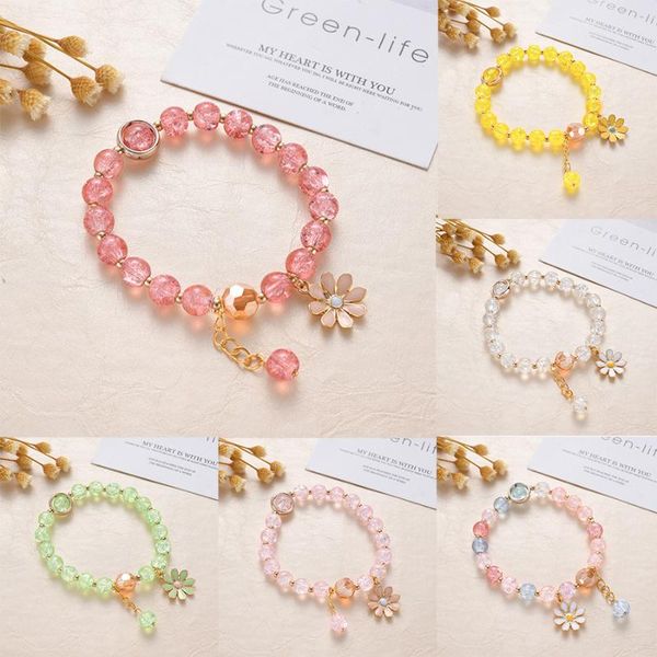 

beaded, strands gorgeous daisy pendant colored glass crystal beads adjustable elastic rope chain bracelet for women charm jewelry gift, Black