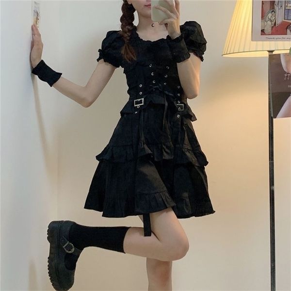 Qweek mulheres gótico lolita vestido punk shopping goth kawaii cute plissado bandage preto mini emo roupas verão 210623