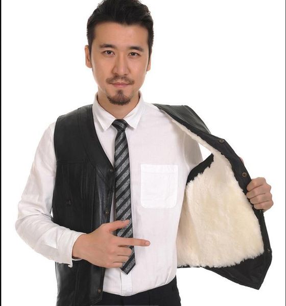 

men's vests man autumn plus size v-neck black single breasted thick 100% sheepskin fur vest male winter oversized warm, Black;white