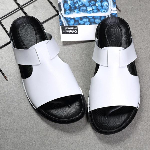 

slippers brand soft comfortable beach sandals men genuine leather black white summer non-slip casual outdoor slides