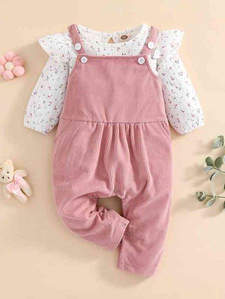 

baby ditsy floral ruffle trim & ribbed knit overalls she, White