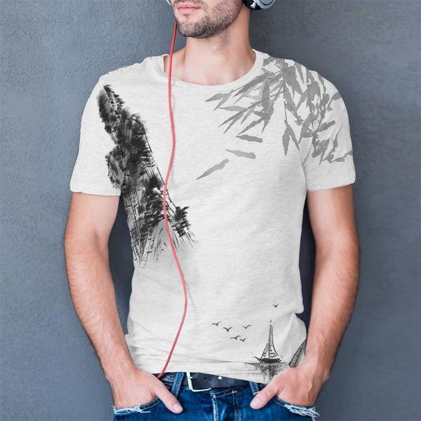 

men's t-shirts chinese ink bamboo print t-shirt summer hip-hop harajuku street retro white, White;black
