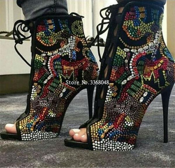 

boots peep toe ankle fashion real po cost price size 10 lace-up heels colorful crystal selling, Black