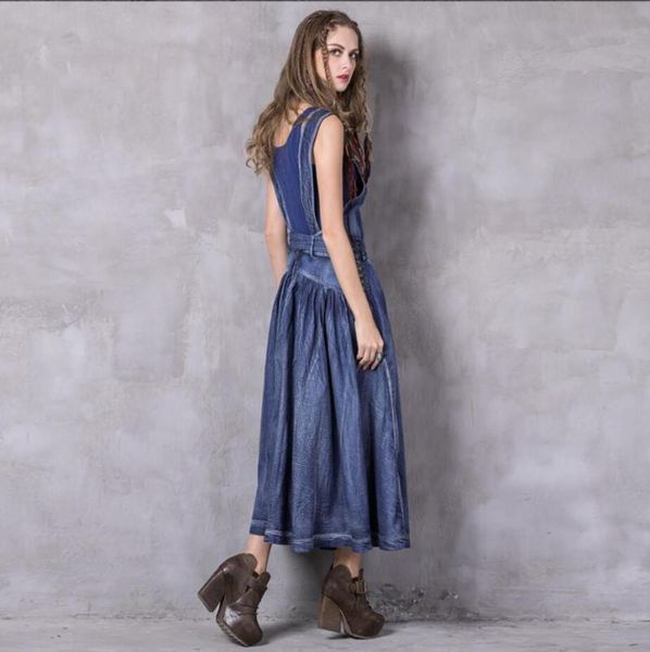 

casual dresses women's summer strap dress embroidered vintage long denim female blue, Black;gray