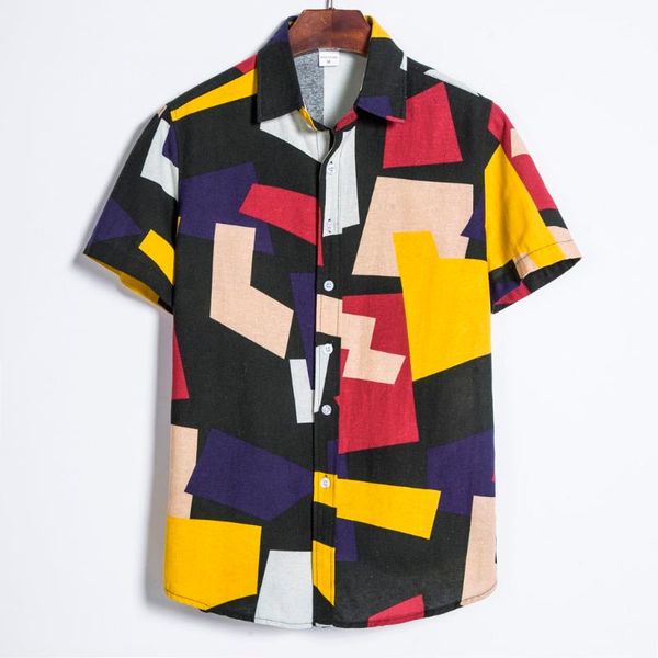 

men's casual shirts fashion color patch print breathable loose mens blouse stand collar short sleeve plus size streetwear, White;black