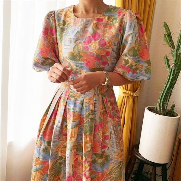 

[ewq]korea chic puff sleeve women dress loose summer contrast oil painting waist printed pleated trendy clothing vestido, Black;gray