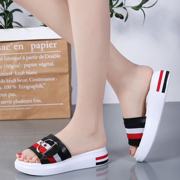 

slippers women flat shoes genuine leather beach sandals ladies striped belt platform slides flip flops comfortable soft loafers, Black