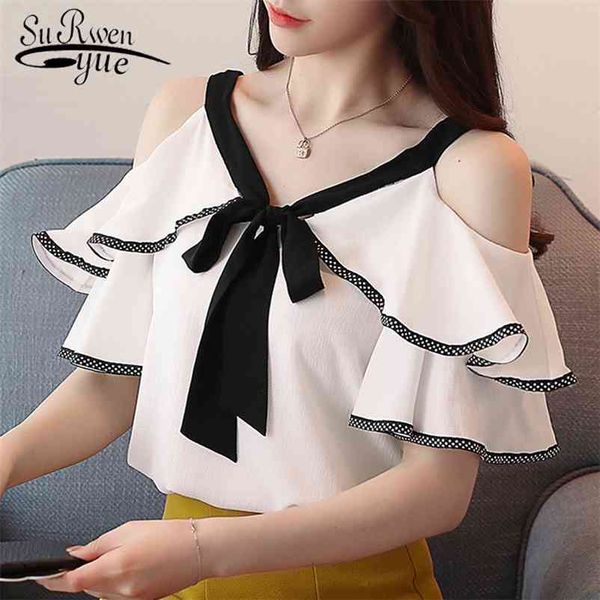 

new fashion short sleeve women chiffon shirt women blouse strapless bow v-neck women's clothing blusas d598 30 210401, White