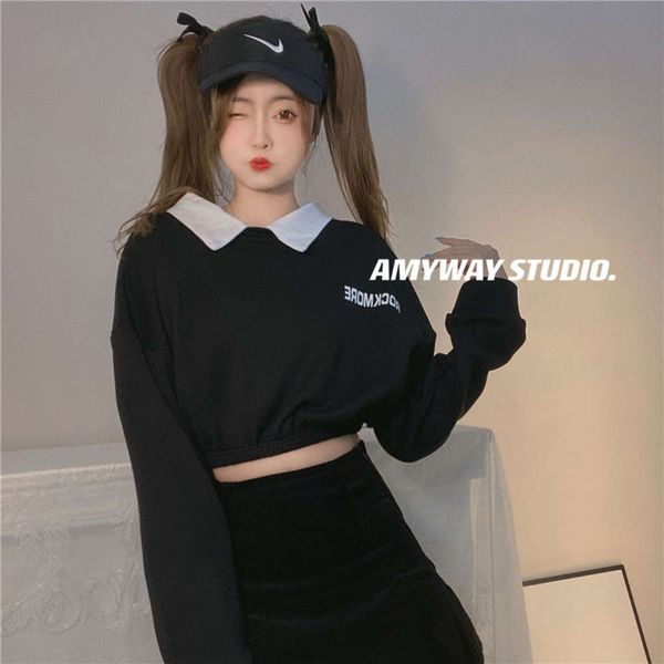

women's sweaters amy way sweet c-bit girls' group sweater black and white contrast collar long sleeve short high waist dancing vea, White;black