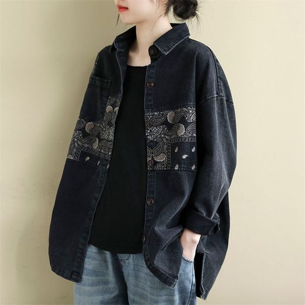 

arrival spring arts style women cotton denim long sleeve loose shirts patchwork print vintage blouse femme s816 210512, White
