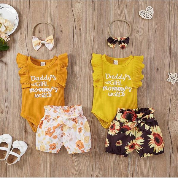 

clothing sets summer infant clothes baby girl ruffled ribbed bodysuit girls floral shorts headband born 3pcs set, White