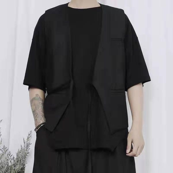 

large men's waistcoat japanese simple small original asymmetric lace loose vest vests, Black;white