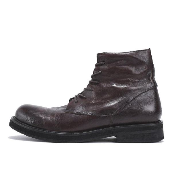 

boots genuine leather retro work men winter sneakers lace up luxury trainers british high-ankle riding casual shoes, Black