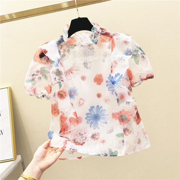 

women's blouses & shirts printed flounced blouse woman stand collar short-sleeved shirt summer wear transparent organza floral b, White