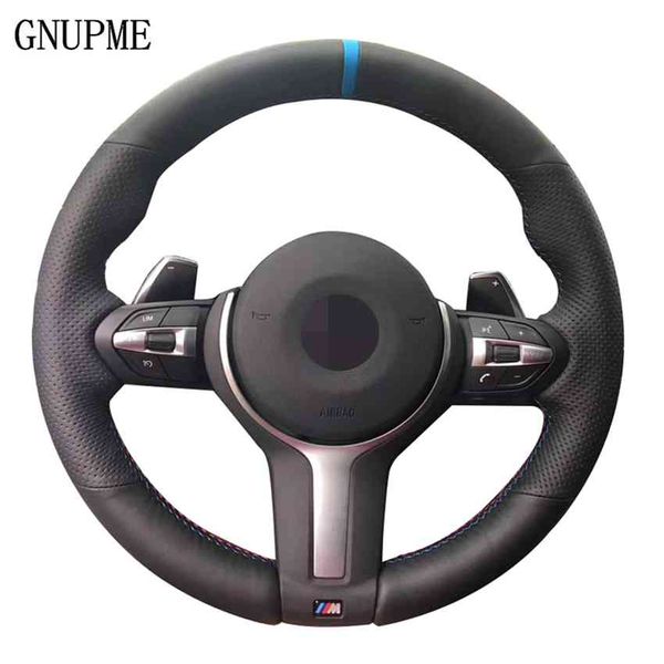 

black leather blue marker car steering wheel cover for f33 f30 m2 m3 f82 m4 m5 f12 f13 m6 f85 x5 x6 f87 f80 m sport