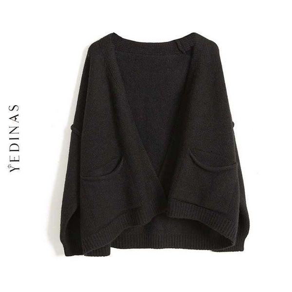 Yedinas Casual Sólido Sólido Basic Cardigans Mulheres Tops Manga Longa Inverno Cardigan Deep V Neck Sweater Solta Malha Jumper Coreano 210527