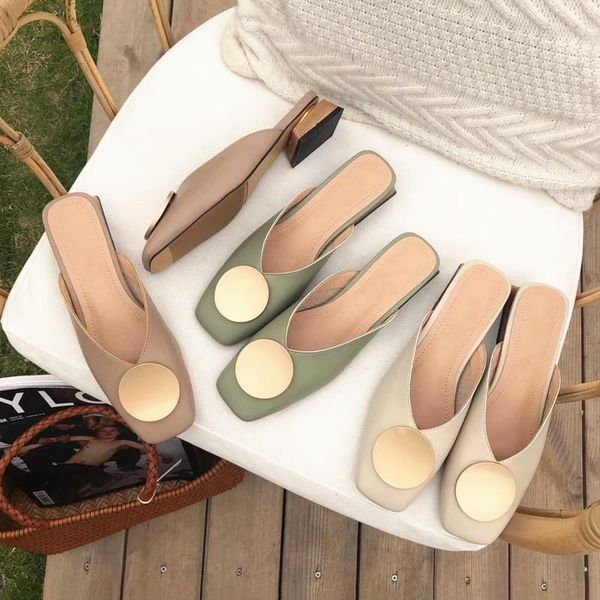 

slippers women mules flat casual shoes british metal buckle slides wooden heel summer half elegant ladies, Black