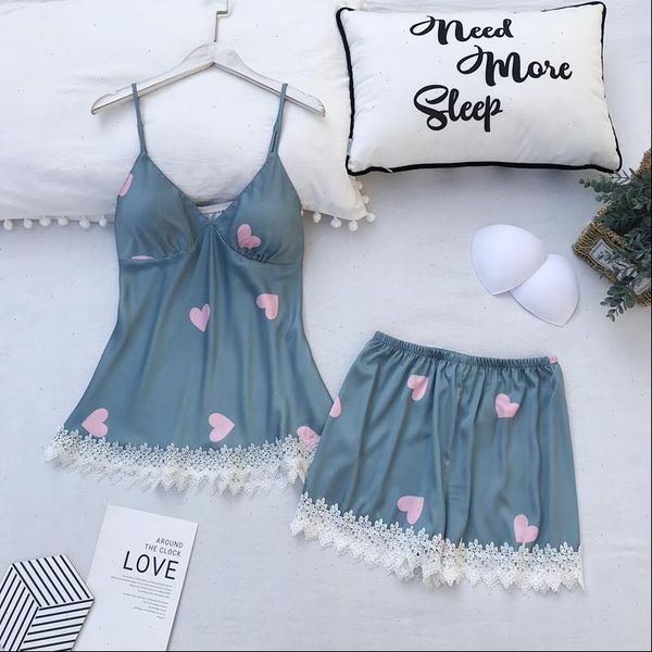 

satin pajamas lace pyjamas women sleepwear silk flower print with shorts sleeveless pijama nightwear, Black;red