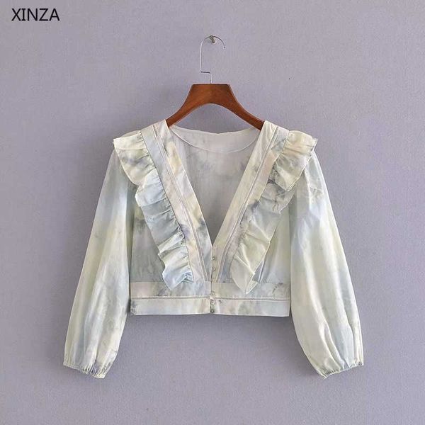

women's blouses & shirts ruffle tie dye cropped shirt women puff sleeve vintage summer blouse woman chic button up casual hollow, White