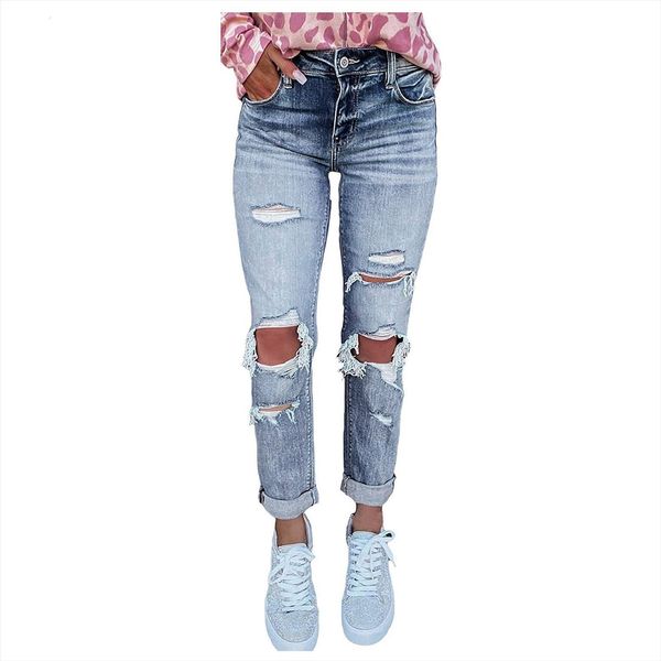 

fashion ripped boyfriend mid women jeans waist distressed stretch skinny denim vintage plus size streetwear mom, Blue