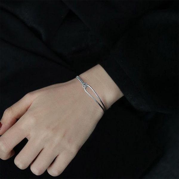 

link, chain double layer hoop bracelet on hand for couple silver color kpop minimalis understated delicate fashion jewelry gift, Black