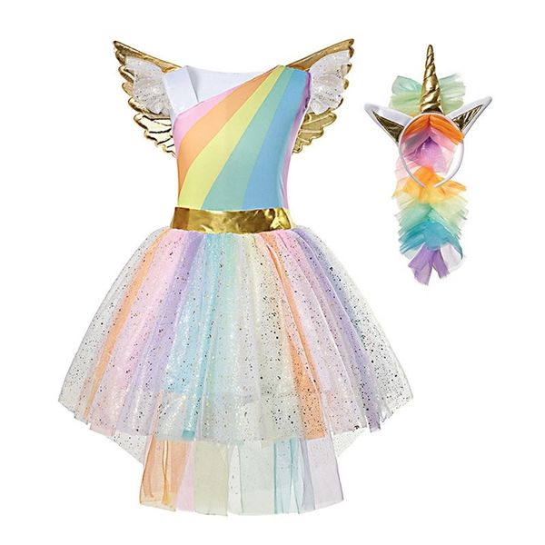 

muababy girl unicorn dress up kids summer rainbow sequin party tutu dress girls pageant tulle costume with wing headband 210331, Red;yellow