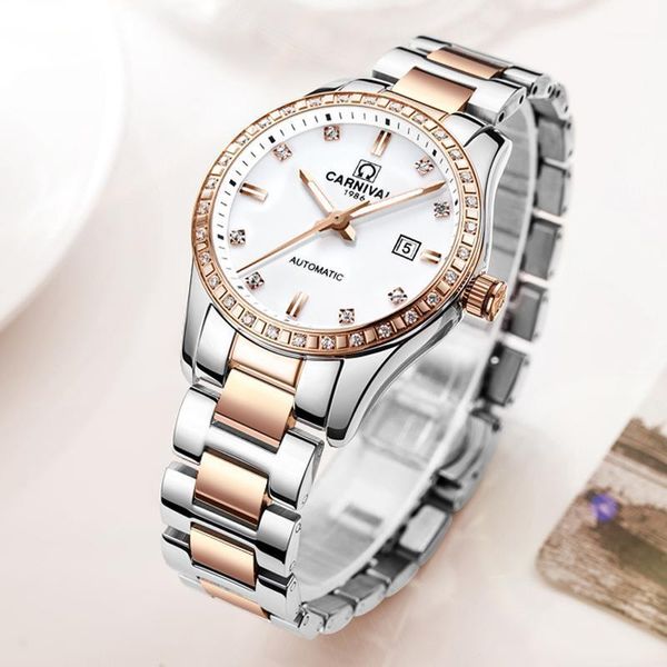 

wristwatches carnival casual ladies calendar luminous waterproof stainless steel strap diamond dial automatic mechanical watches women, Slivery;brown
