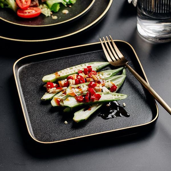 

rectangle ceramic plate with a gold rim home dinner restaurant pasta steak black frosted fruit square dishes & plates