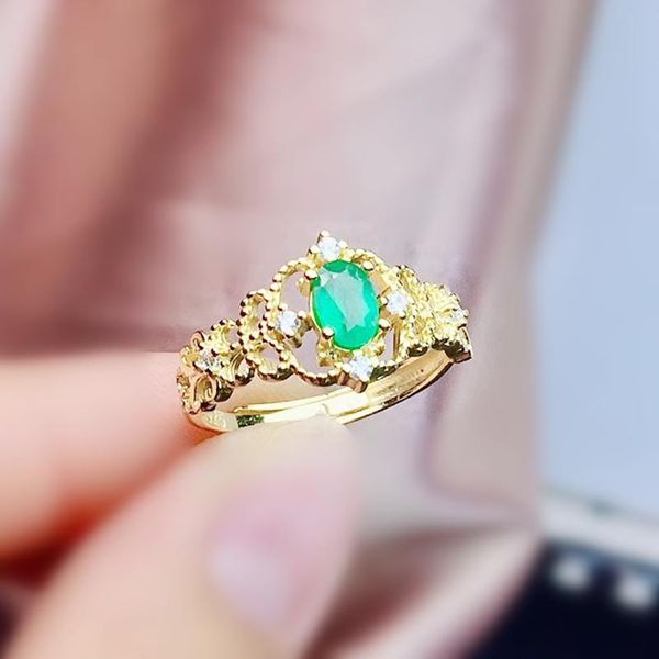 

cluster rings natural real emerald traditional ring per jewelry 4*6mm 0.52ct gemstone 925 sterling silver fine j210608, Golden;silver