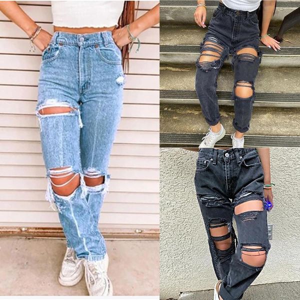 

fashion women broken hole embroidered pencil jeans skinny denim stretch slim fitness pants trousers jogging women's, Blue