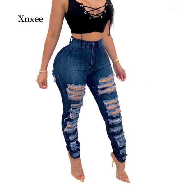 

hole pencil pants skinny dark blue vintage high waist ripped jeans women casual denim mom long1