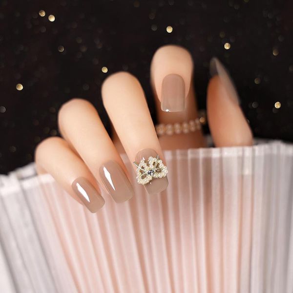 

false nails 24pcs khaki pearl long paragraph fashion manicure patch save time wearable nail, Red;gold