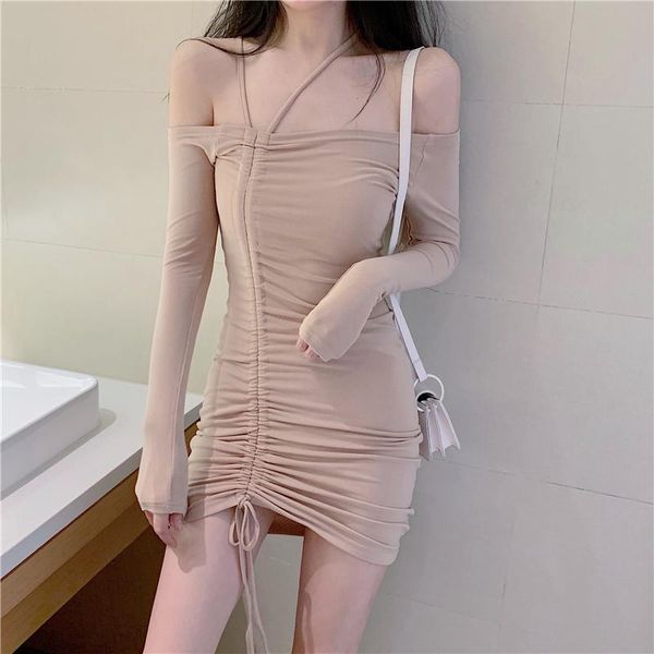 

casual dresses autumn clothes 2021 women's waist closing thin dress pure style one shoulder drawstring hip wrap, Black;gray