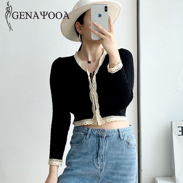 

genayooa vintage knitted long sleeve v neck lace cropped white button up cardigan patchwork sweaters for ladies korean 210417, White;black