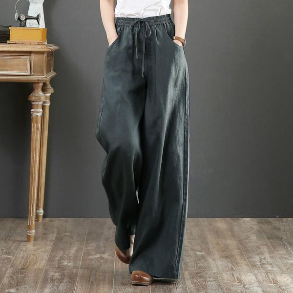 

women's pants & capris cotton linen drawstring vintage wide leg oversize trousers for female plus size 2021 summer ladies long trouser, Black;white