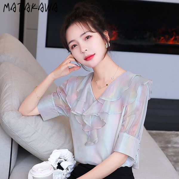 

matakawa rendering printed women shirts blouses chiffon shirt women's short-sleeved summer style ruffled v-neck blusas 210513, White
