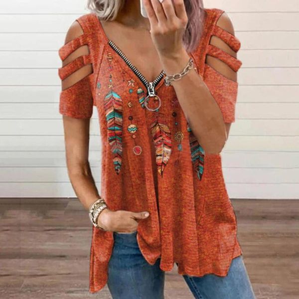 

women's t-shirt women summer t shirt ladies loose short sleeve off shoulder v-neck casual zipper printed shirts plus size femme #t1g, White