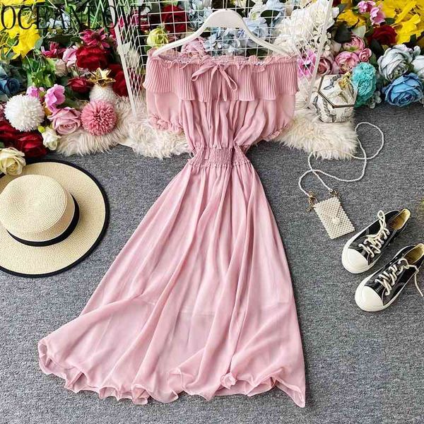 

chiffon summer dress women solid high waist elegant sweet vestidos ruffles off shoulder long dresses 16684 210415, Black;gray
