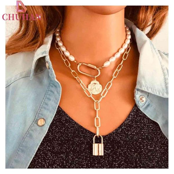 

chains chuhan european american multi-layer simple oval pearl beaded clavicle chain necklace metal lock pendant female c661, Silver
