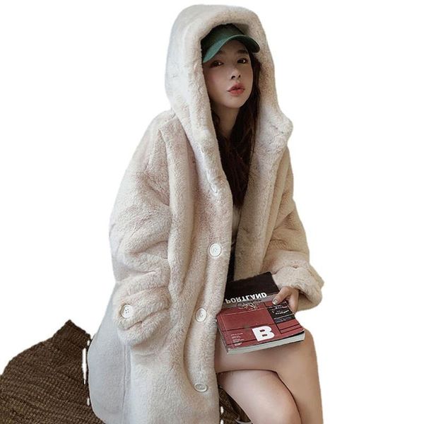 

women's fur & faux 2021 winter women coat loose long large size hooded overcoat thick warm female plush coats, Black