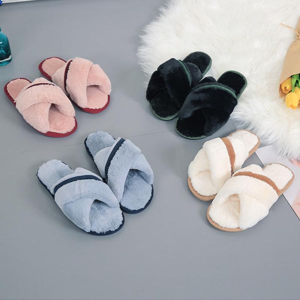 

plush slippers for women home soft fur slides fluffy babouches femme 2021 winter woman house footwear, Black