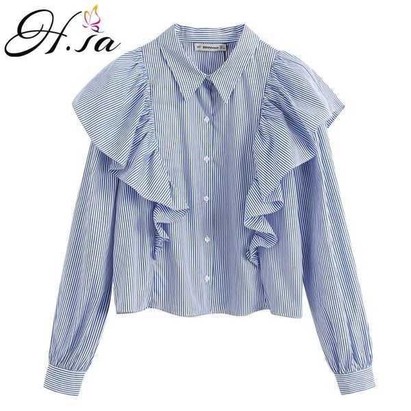 

h.sa women summer spring blouse and long sleeve ruffles casual steetwear fashion girls blue striped bluse femnino 210417, White