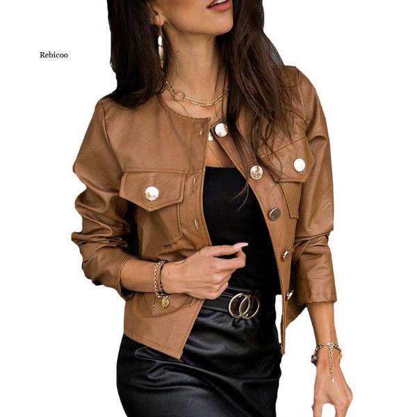 

women's jackets women pu leather spring autumn faux coats ladies motor biker button slim basic black short, Black;brown