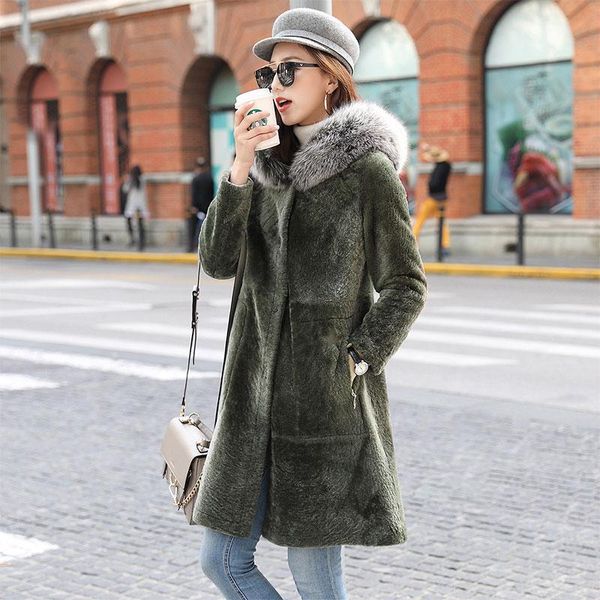 

women's leather & faux fur-in-one fur coat long collar for women, Black