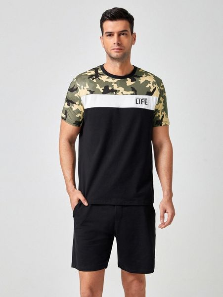

men camo print tee & shorts set j5fy#, Gray