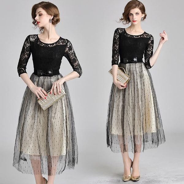 

casual dresses vintage lace boho dress elegant o-neck harajuku sweet voile patchwork mid-calf black for women spring/autumn, Black;gray